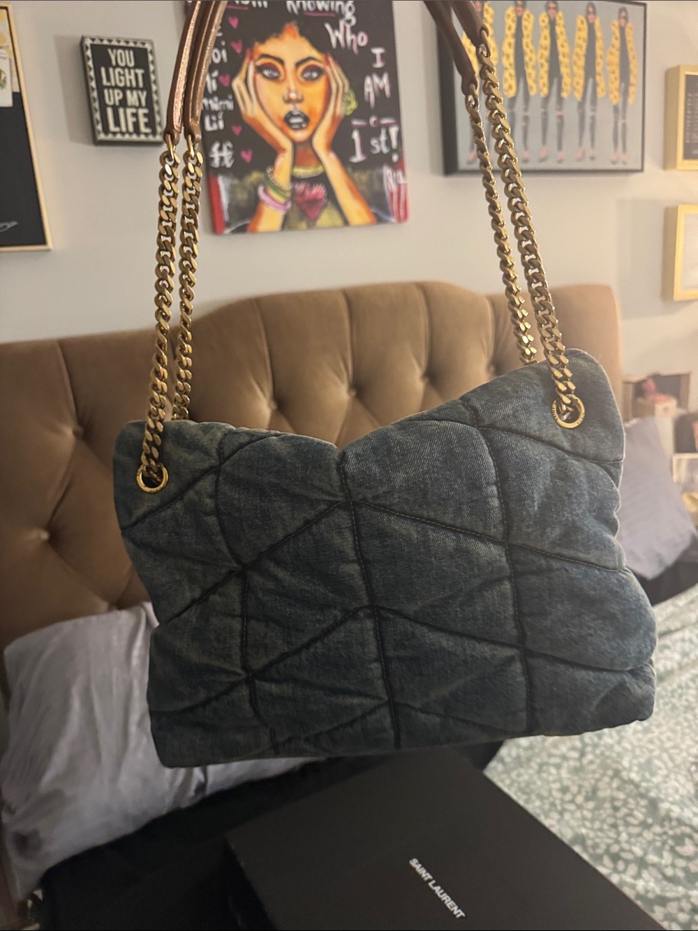 Saint Laurent Denim Quilted Chain Shoulder Bag with Gold YSL Hardware - Picture 3 of 11